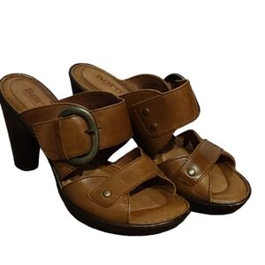 Born Adriana Brown Leather Heeled Sandals with buckle front open toe
